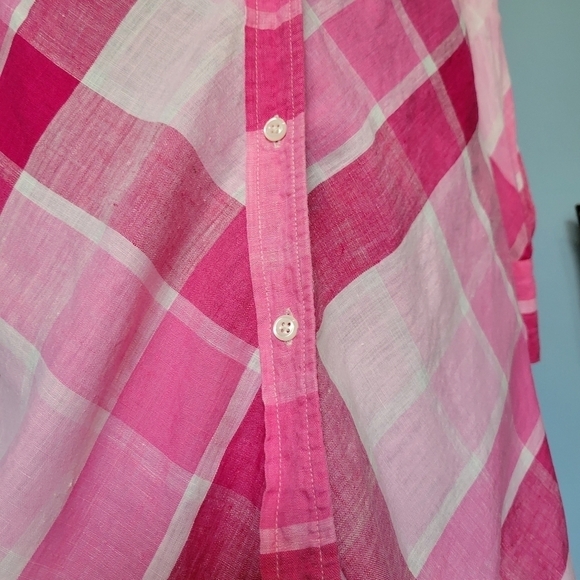 Moda International 100% Linen Plaid Shirt Pink Dress Size 2 - Picture 2 of 7